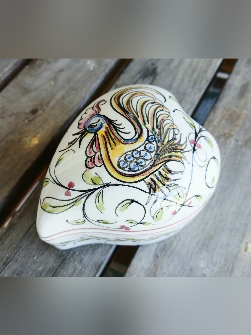 Vintage Hand-Painted White Ceramic Trinket Box with Yellow Rooster Motif